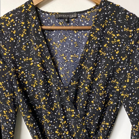 DYNAMITE Black and Yellow Floral Wrap Sundress with Bishop Sleeves - Picture 3 of 9